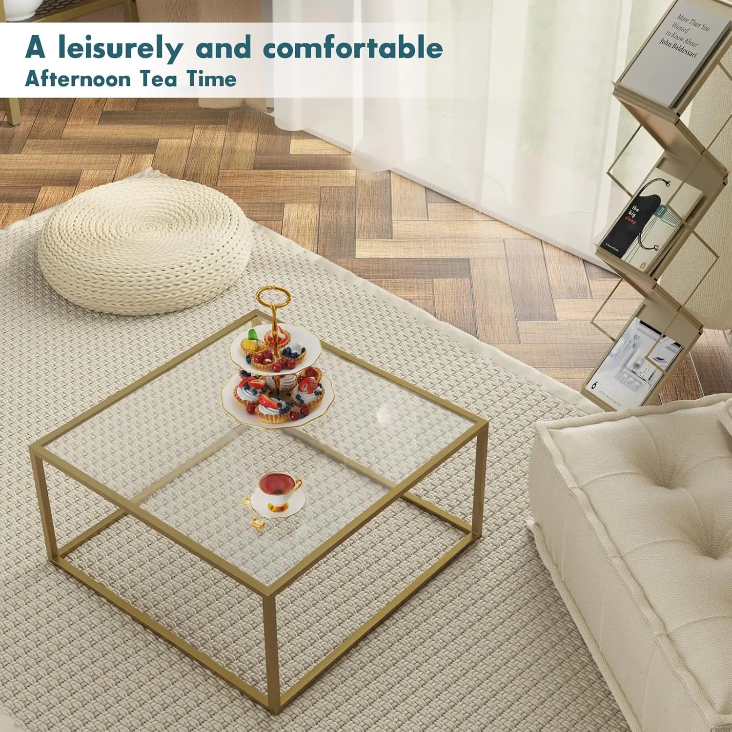 Modern Square Glass Coffee Table for Living Room, Minimalist Gold Center Table 26.7x26.7x17.7 Inches
