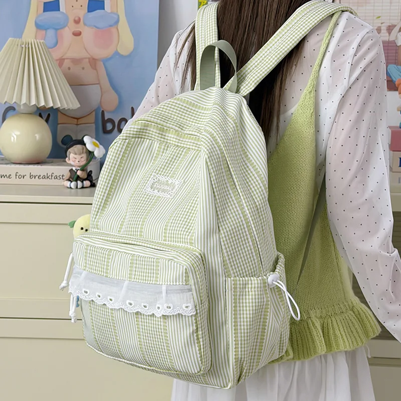 Korean Simple Aesthetic Lace Ruffle Solid Color Striped Backpack for Students Girl Large Capacity School Commute Travel Daypack