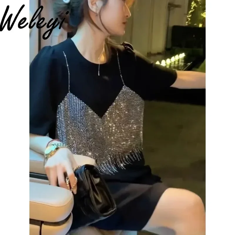 Women's Diamond-encrusted Black T-shirt Dress 2025 Summer New European Loose Fake Two-piece Short Sleeve Short Tee Dresses Woman