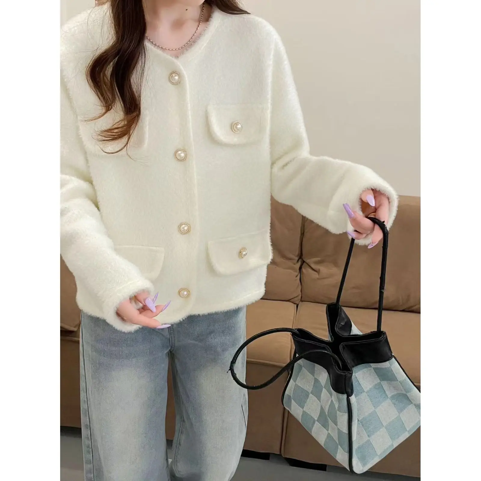 Dames faux nertsbont gebreid vest 2025, herfst winter trui met lange mouwen, mode bovenkleding