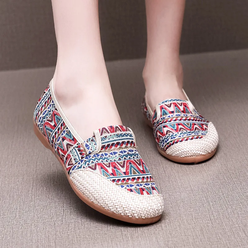 Summer Ladies Casual Comfort Bohemian Slip On Lazy Shoes Female Womens Flat Slip On Canvas Strap Loafers Straw Espadrilles