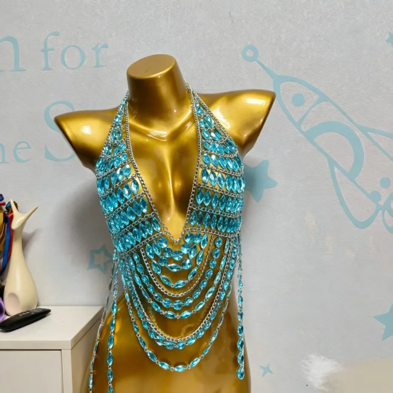 Handmade Beaded Top For Music Festival, Summer Beach Sexy Hollow Neck Hanging, Body Chain Bikini Beaded Strapless Outfit