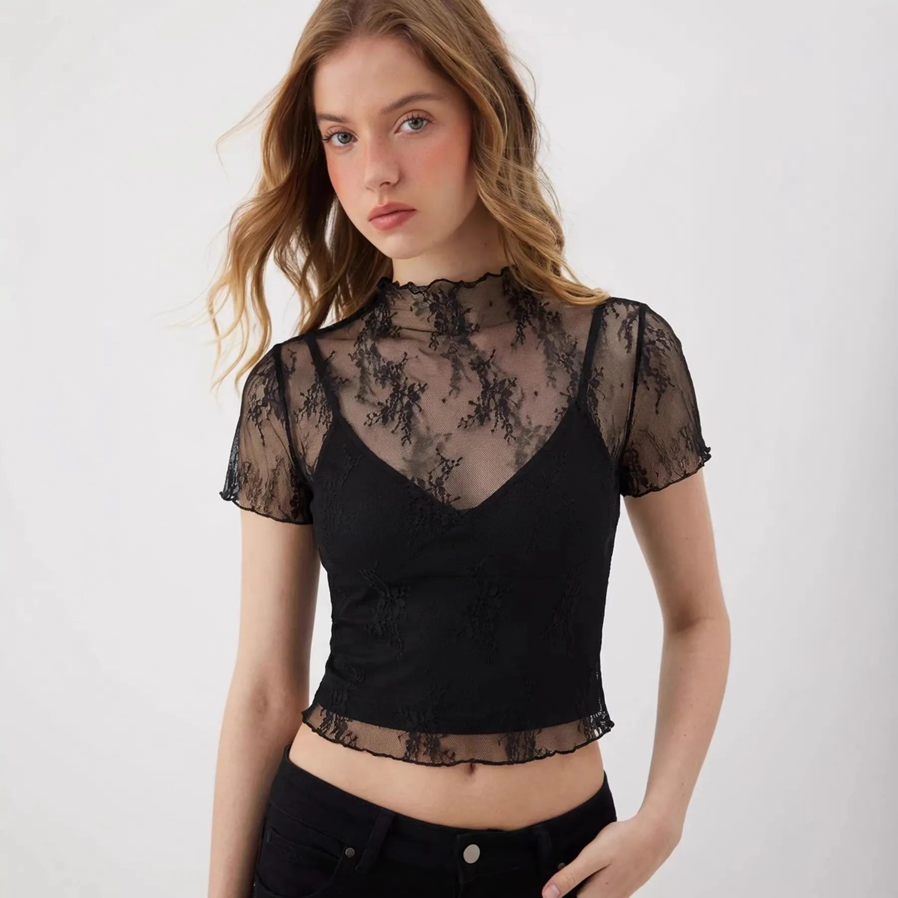 Cropped Short Sleeve Top Slim Fit Sexy with Travel Tanks Top Date Private Celebrity Style Two Set Sweet Sheer Party for Women