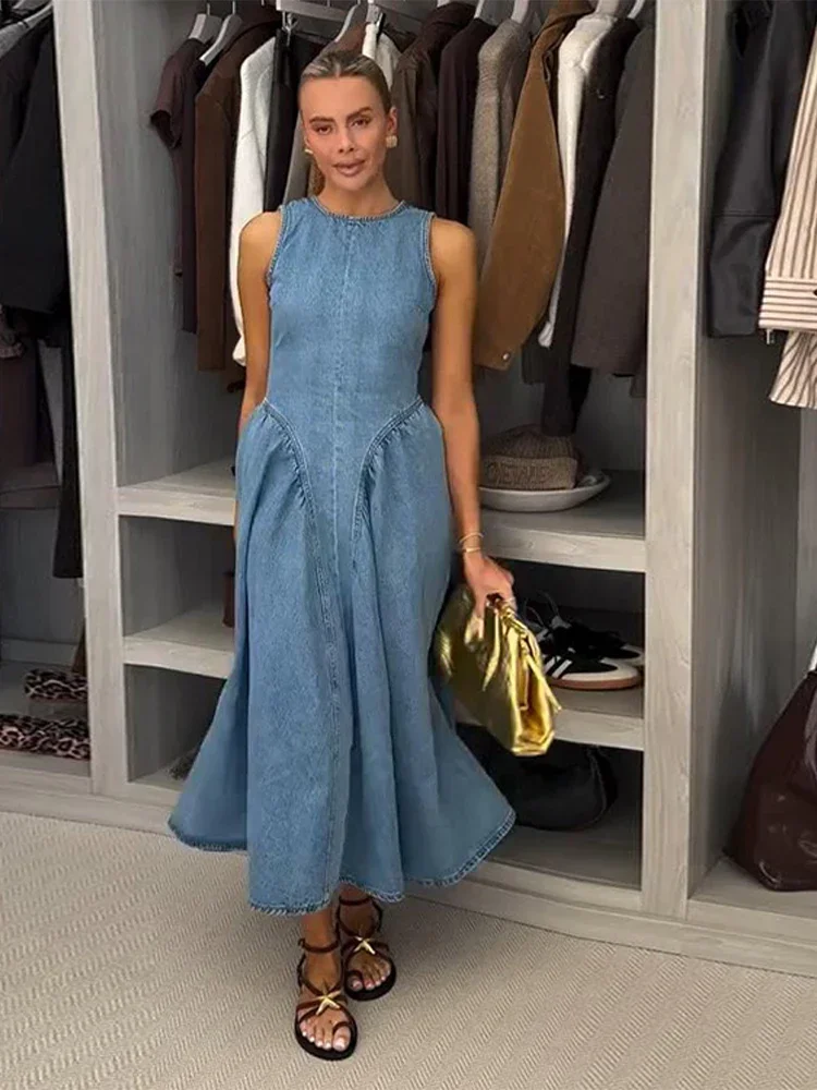 백리스 레이스업 데님 드레스 여성 우아한 O넥 민소매 하이웨이스트 플리츠 A라인 드레스 여성 여름 신상 시크 로브