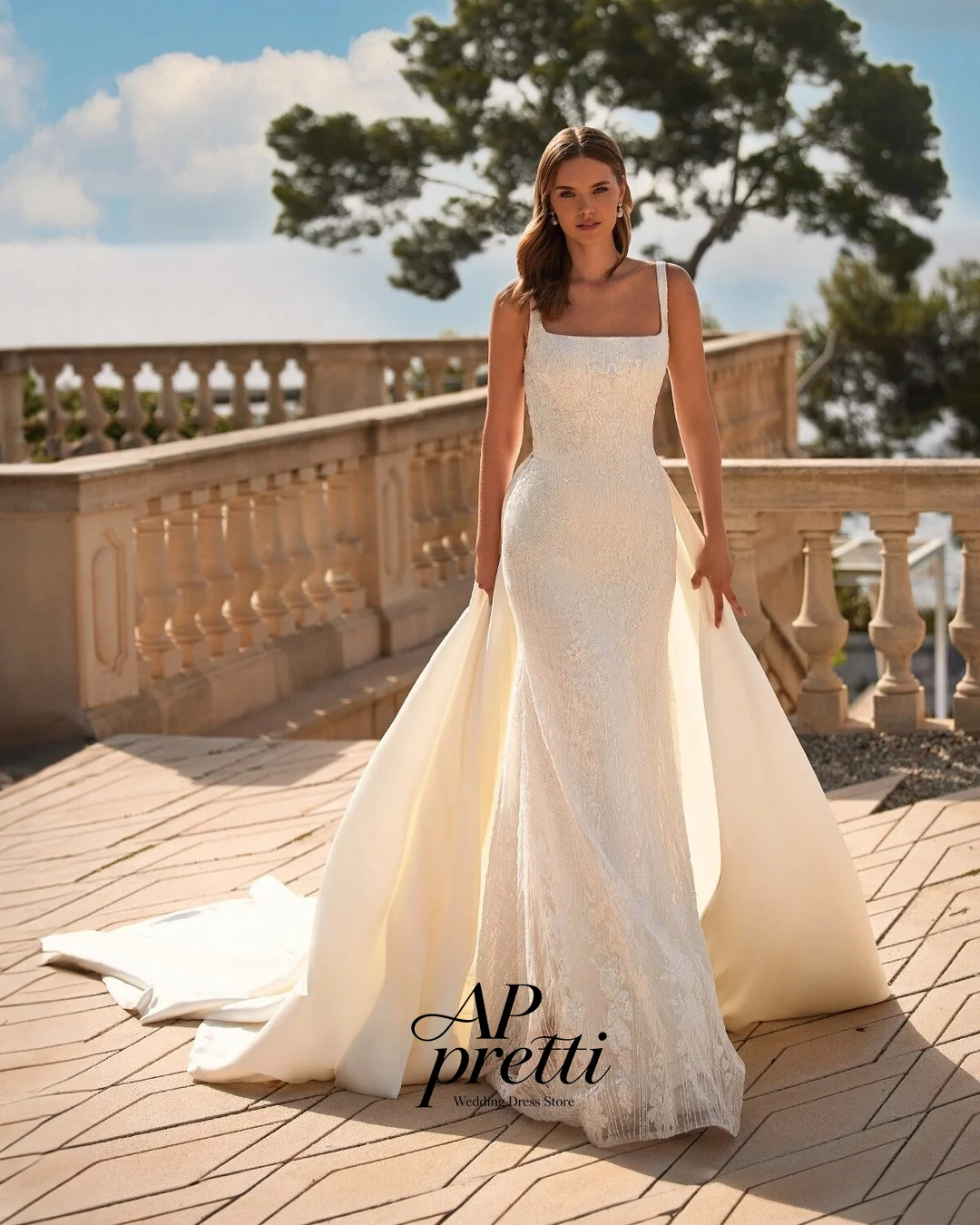 AP pretti Fabulous Lace Wedding Dresses Square Neck Customized Sleeveless Trumpet Detachable Train Bridal Gown Vestidos De Novia