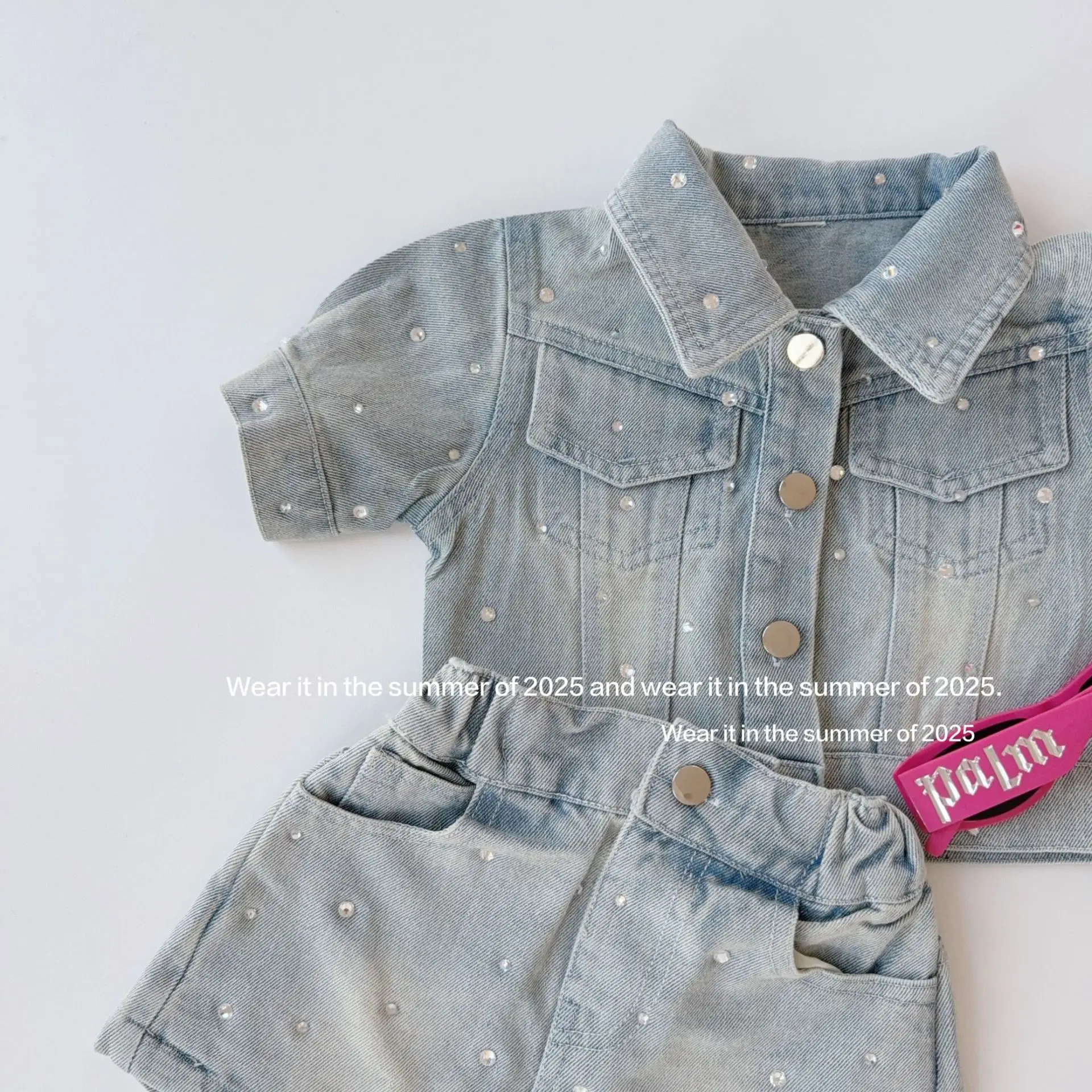 Girls Set 2026 Spring and Summer New Childrens Clothes Korean Style Baby Girl Retro Bright Diamond Denim Two-piece Set