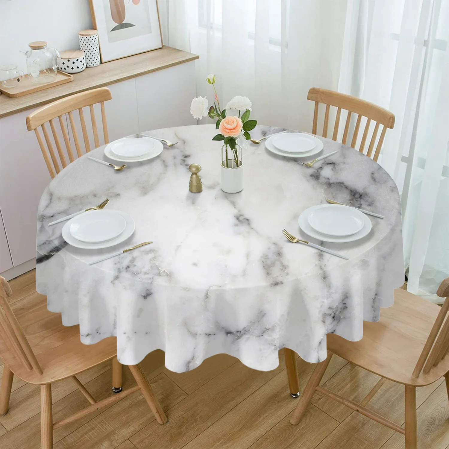 Marble Texture White Waterproof Tablecloth Tea Table Decoration Round Table Cover for Kitchen Wedding Party Home Dining Room