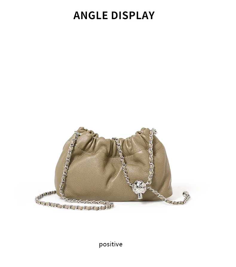 Leichte Litchi-Textur Echtes Kuhleder Cloud Bag Damen Kordelzug Tasche mit Raffdesign Metallkette Crossbody Mini-Geldbörse – Detail 7