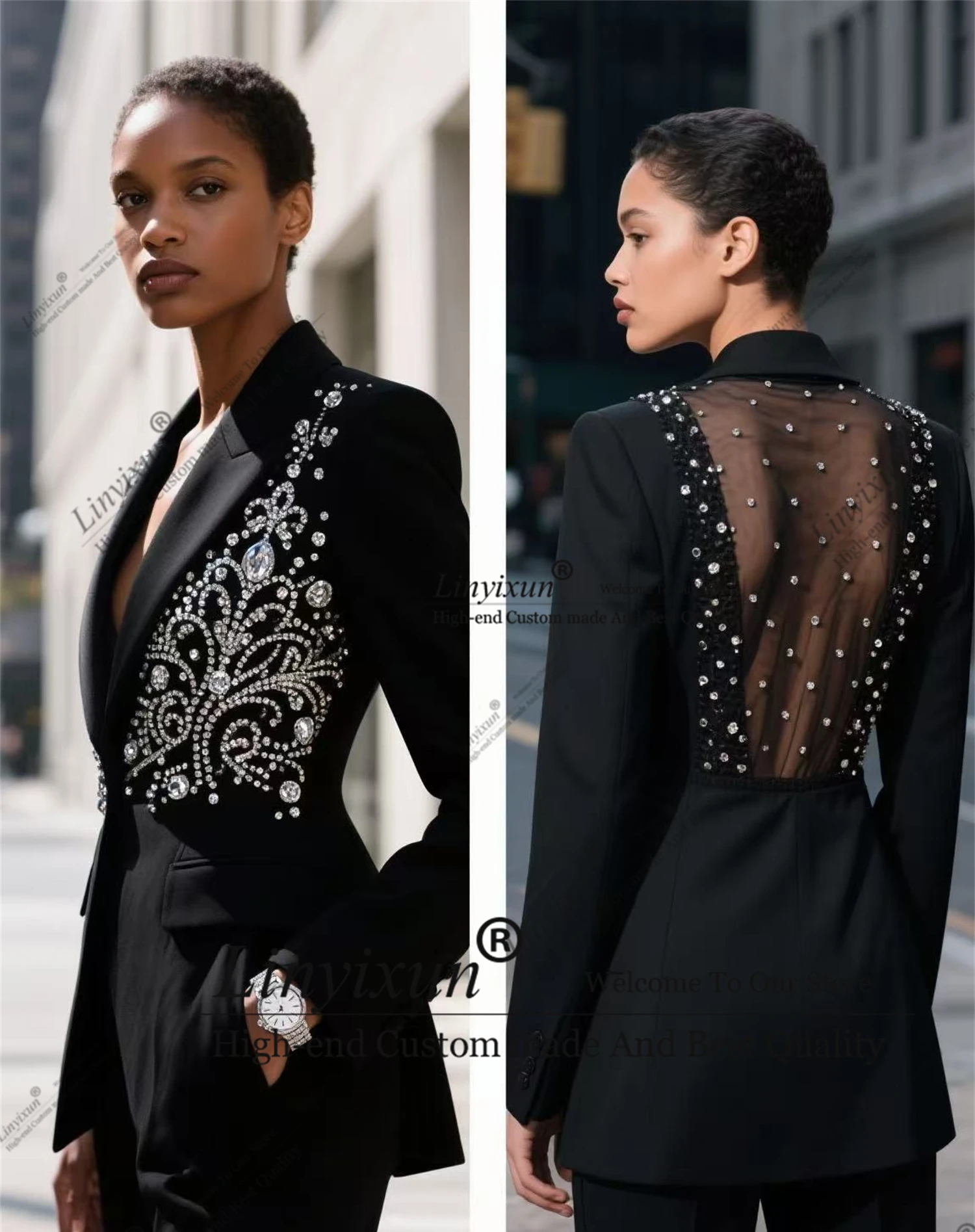 Elegance Backless mod Rhinestones Customized Women's Suit 2 Pieces пиджак женски Slim Womens Clothing Pant