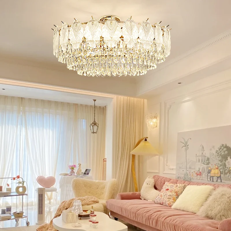 French Luxury Crystal Chandelier For Living Dining Room Bedroom Modern Round Oval Glass Cover Ceiling Chandelier Hanging Lamp