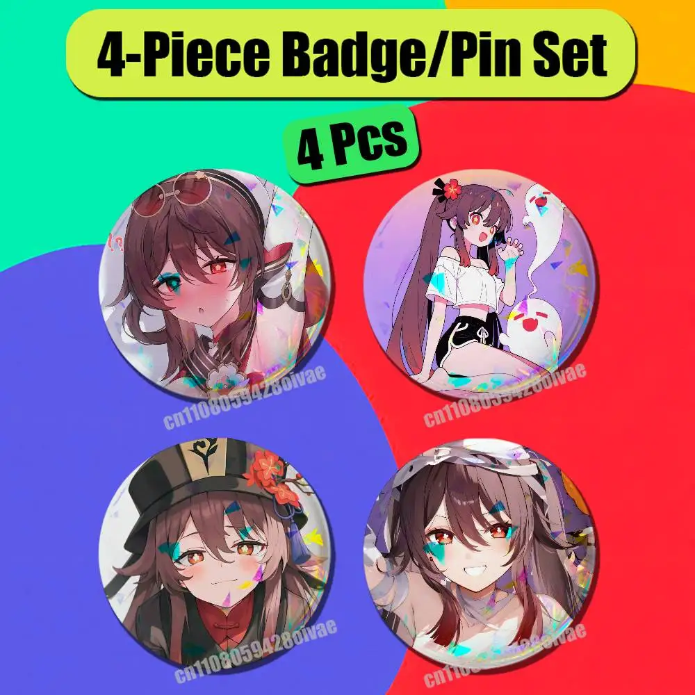 Badge For Hu Tao Genshin Impact Hutao Pin Insignia 4 Pcs Set Round Button Emblem Badge Laser Film Cosplay 25mm Custom