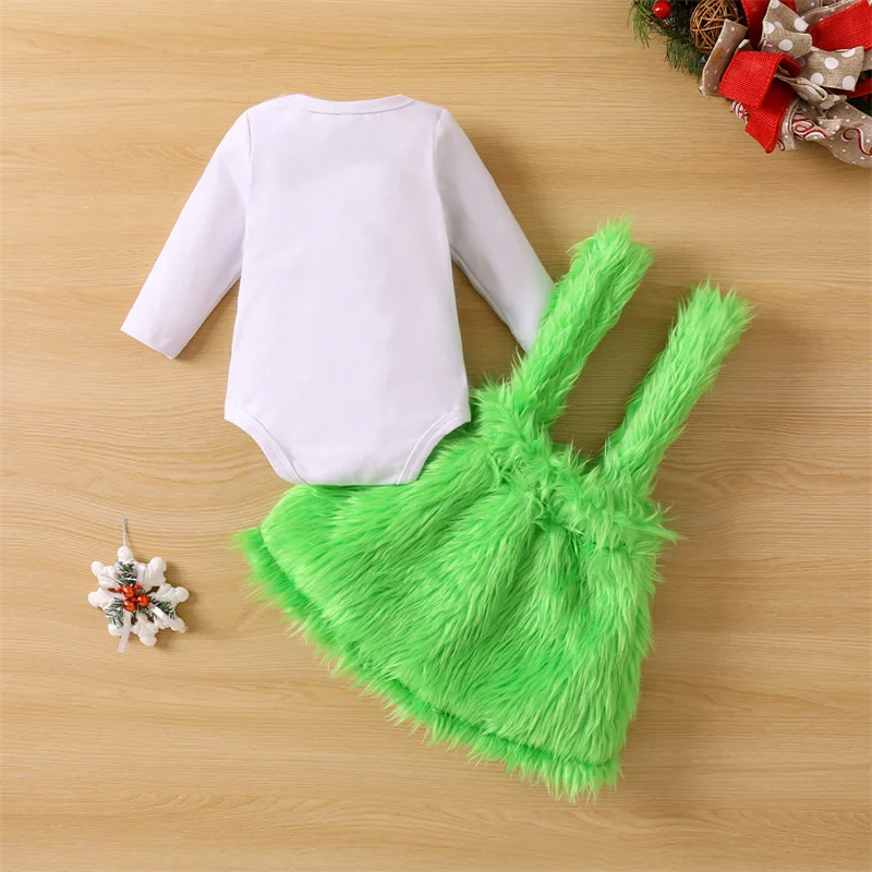 2022-10-26 Lioraitiin 0-24M Infant Kids Girls Christmas Dress Suit Long Sleeve Round Neck Romper Tops Plush Sequined Half Dress