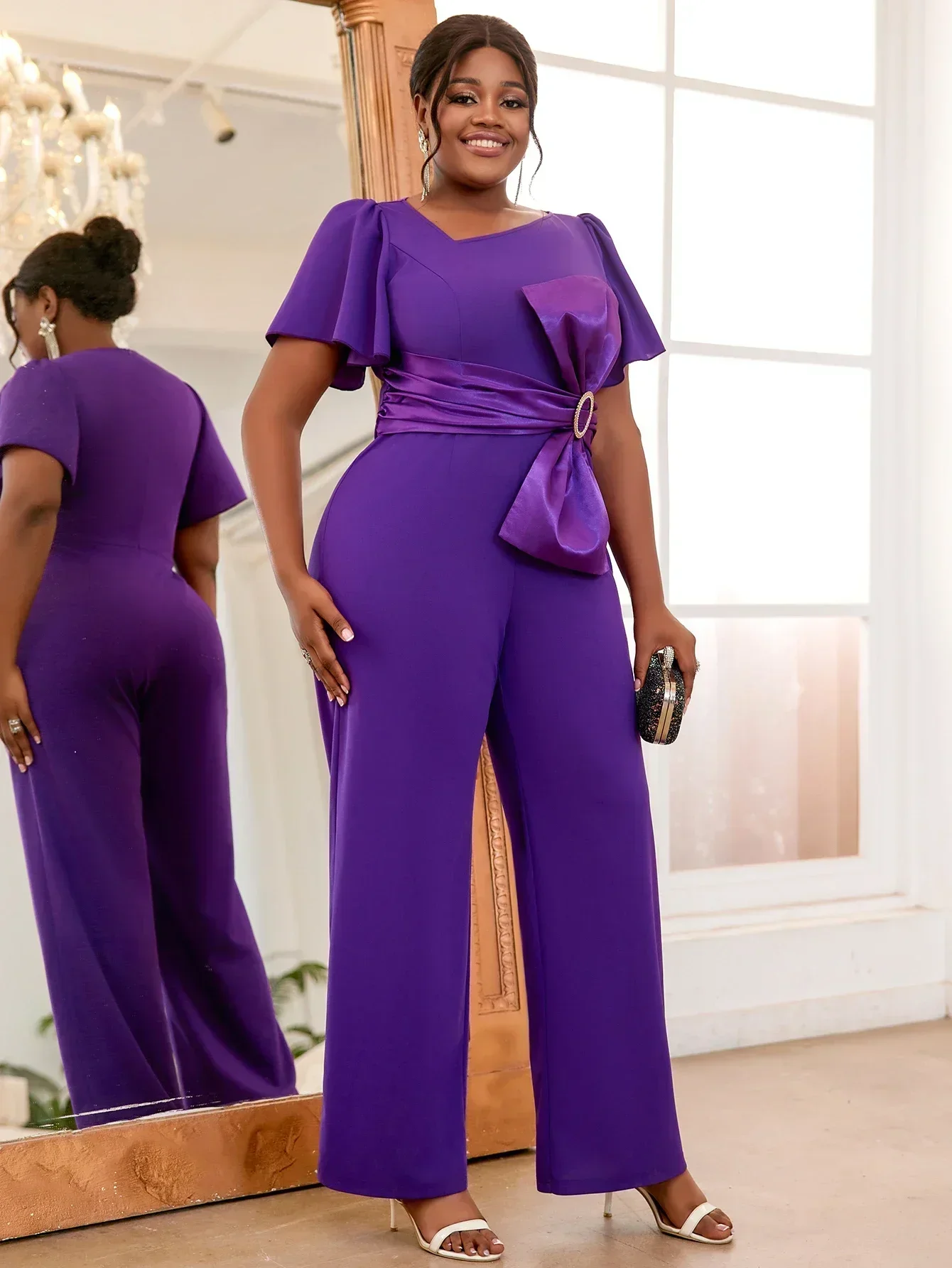 Combinaison violette élégante pour femme, col en V, manches courtes, nœud patchwork, taille haute, barboteuses à jambes larges, grande taille 4XL, une pièce