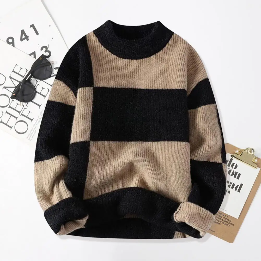 

Men Knitted Sweater Men's Thickened Warm Knitwear O-neck Contrast Color Sweater for Autumn Winter Long Sleeve High for Cozy