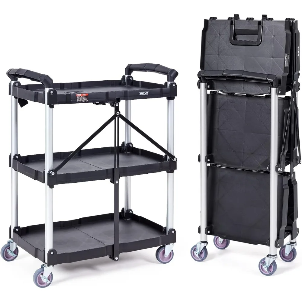 

Foldable Heavy-Duty 3-Shelf Rolling Cart with Locking Wheels, 165LBS Capacity for Home and Office Use