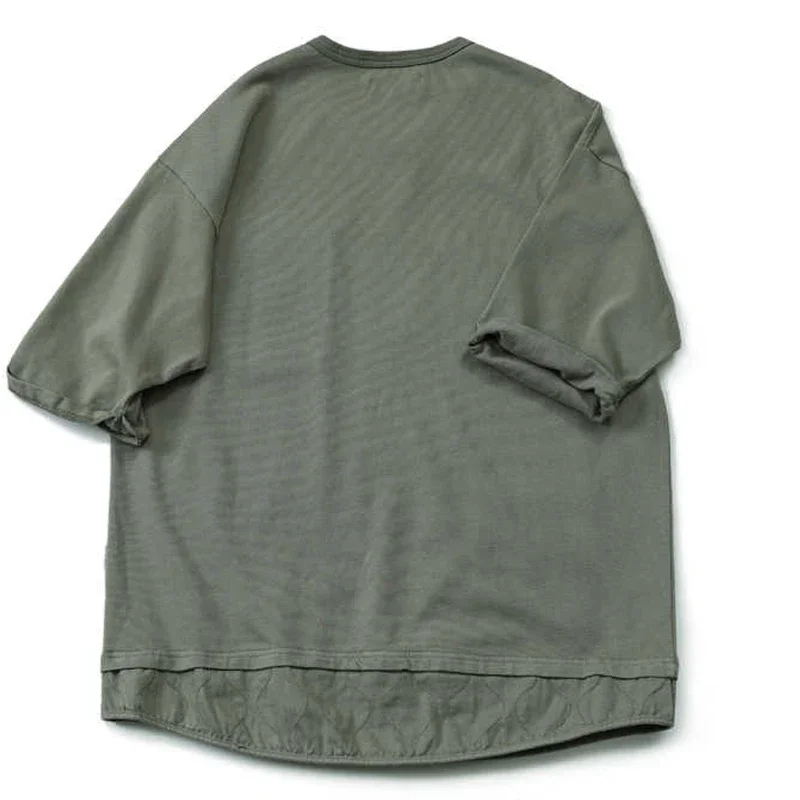 Fake Two-piece Hem Patchwork Design High-quality Washed Cotton Round Neck Short Sleeved T-shirt