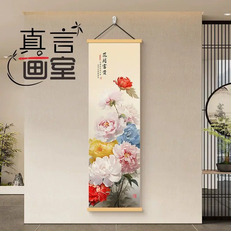 Wall Art Peony Bloom Floral Pearlescent Canvas Hanging Scroll with Wooden Rods for Chinoiserie Entryway and Living Room