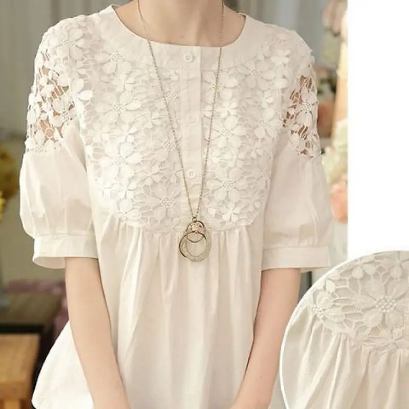 Elegant Fashion Solid Hollow Out Lace Chiffon Shirt Summer 2023 New Streetwear O-Neck Short Sleeve Loose Pullover Women Clothing