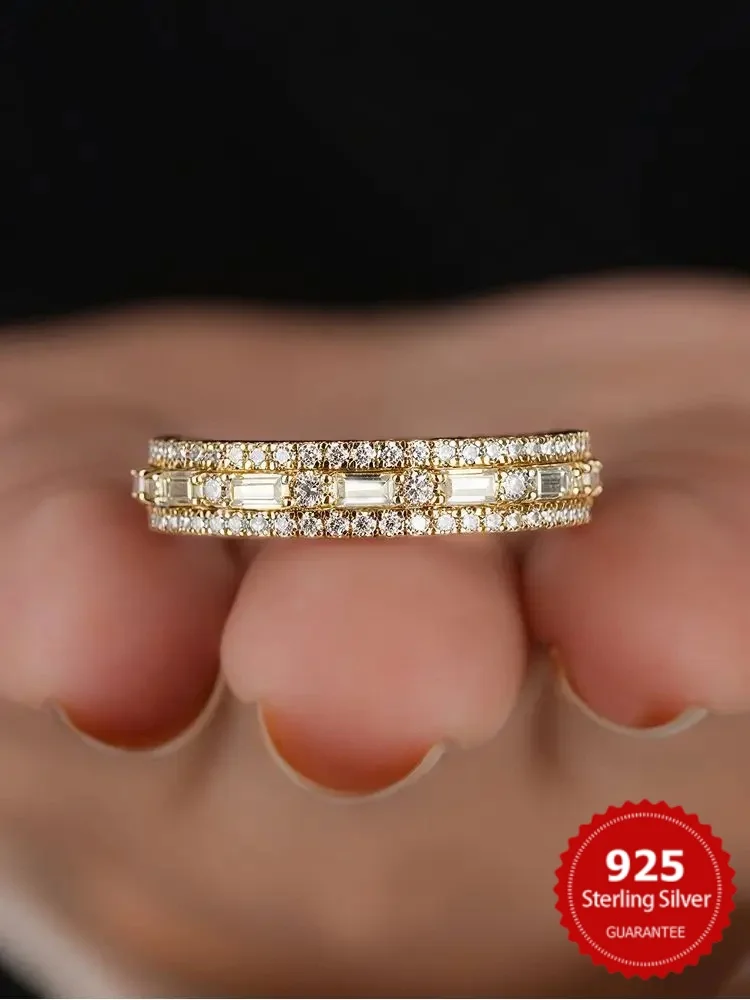 

925 Sterling Silver Golden Simpe Rectangular Round Zircon Ring For Women Engagement Wedding Luxury High Quality Fine Jewelry