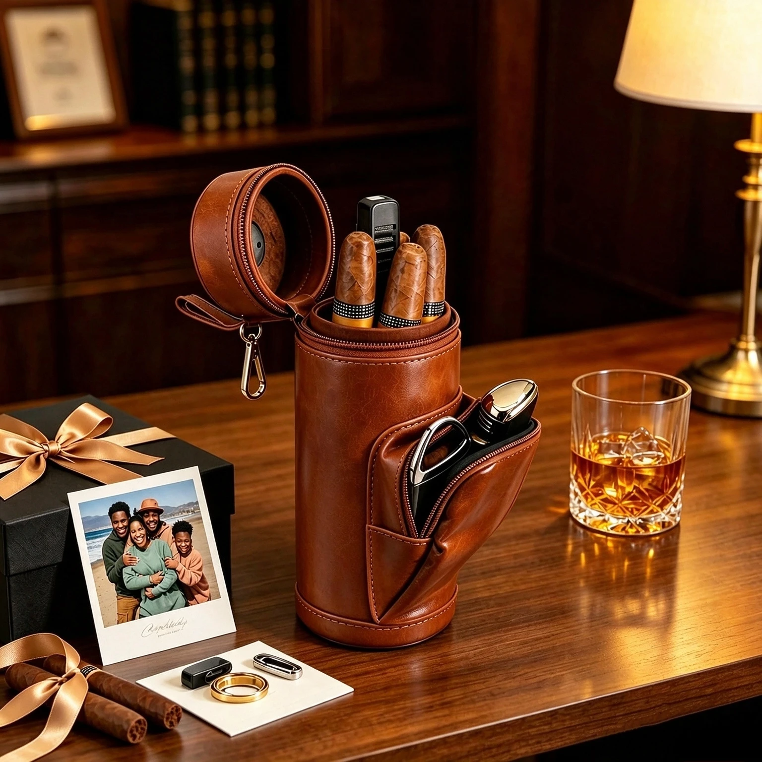 Handy Travel Cigar Humidor with Accessory Pocket Premium Leather Cigar Case Cigars Storage Holder with Cedar Lining Men's Gift