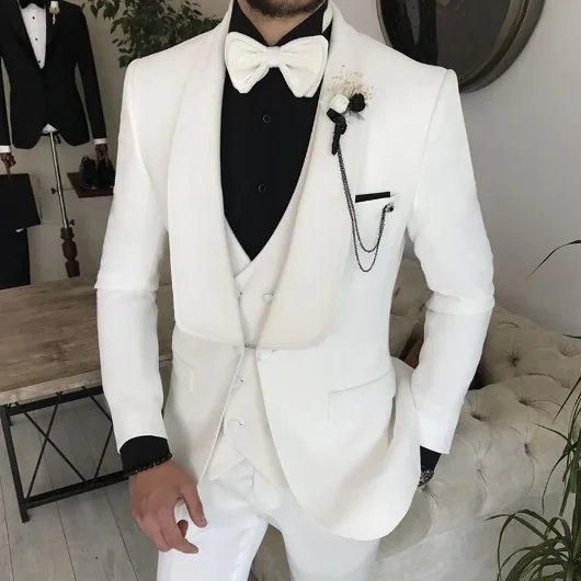 Elegant White Wedding Men's Suits Blazer Shawl Lapel Single Breasted 3 Piece Jacket Pants Vest One Button Formal Blazer Hombre