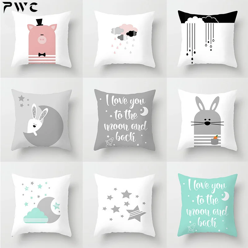 

Cartoon Pink Pig Single Side Printed Black and White Pillowcase Letter Gray Rabbit Polyester Home Sofa Covers for Cushions Cover