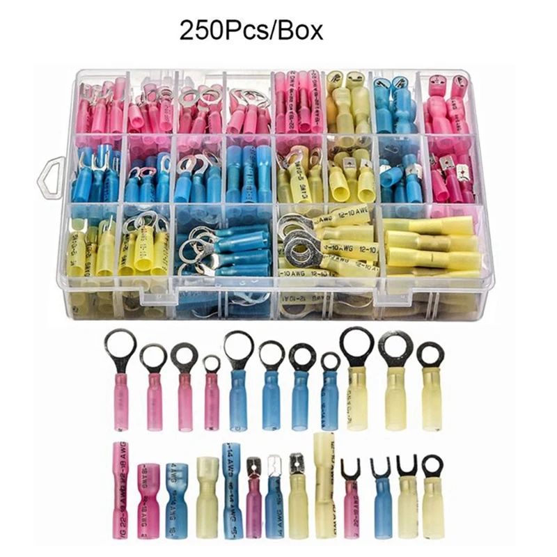 

250 PCS Automotive Heat-Shrinkable Wire Connector Kit Insulated Crimp Terminal Connector For Marine Car Motorcycle