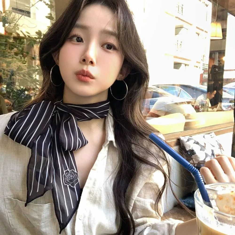 

New Black White Striped French Style Scarf Ribbon Style Elegant Striped Scarf Long Length Long Scarf Daily Wear