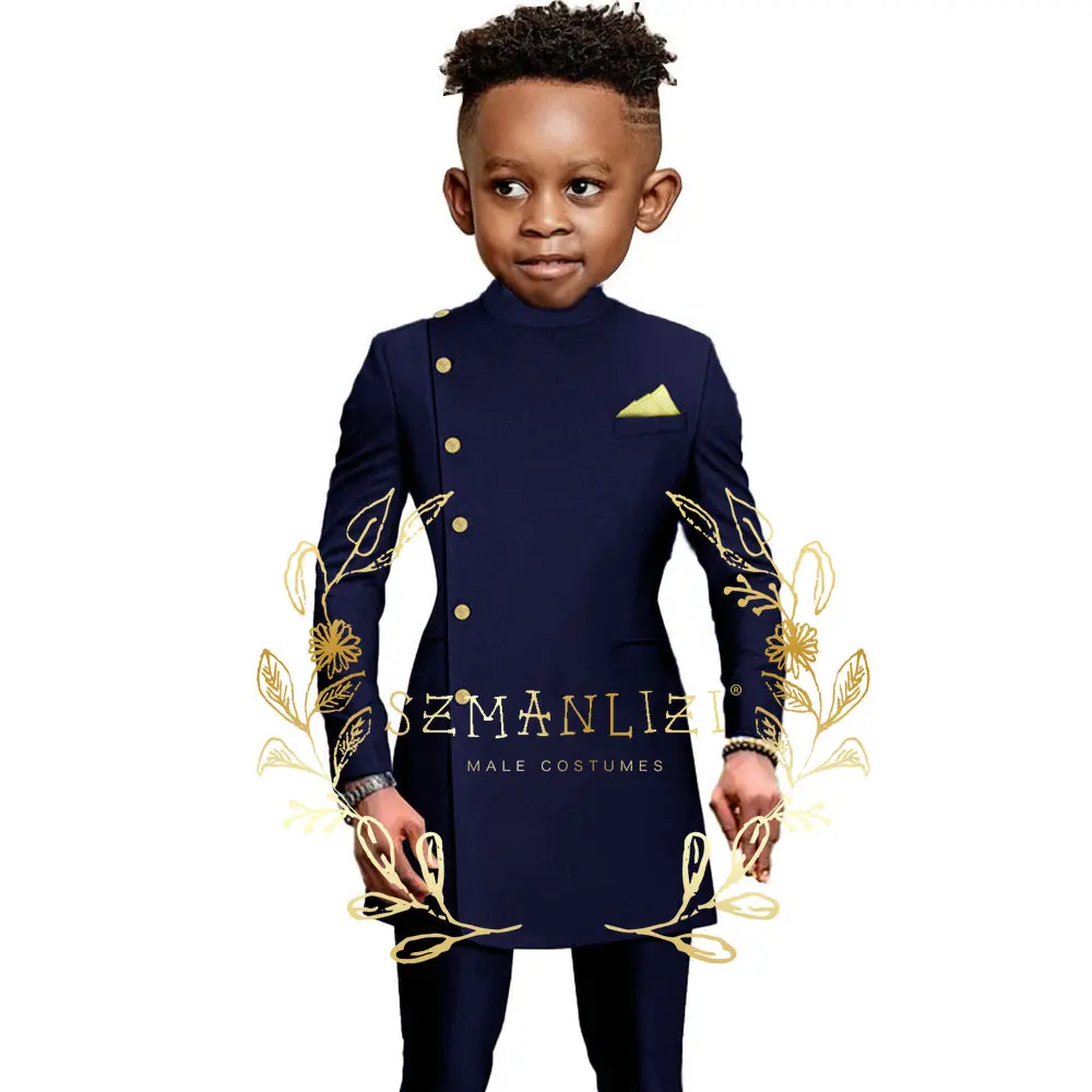 Indian Style Boys Suit Wedding 2 Pieces Long Jacket Pants Black Double-breasted Blazer for Kids 3-16 Years Old Custom