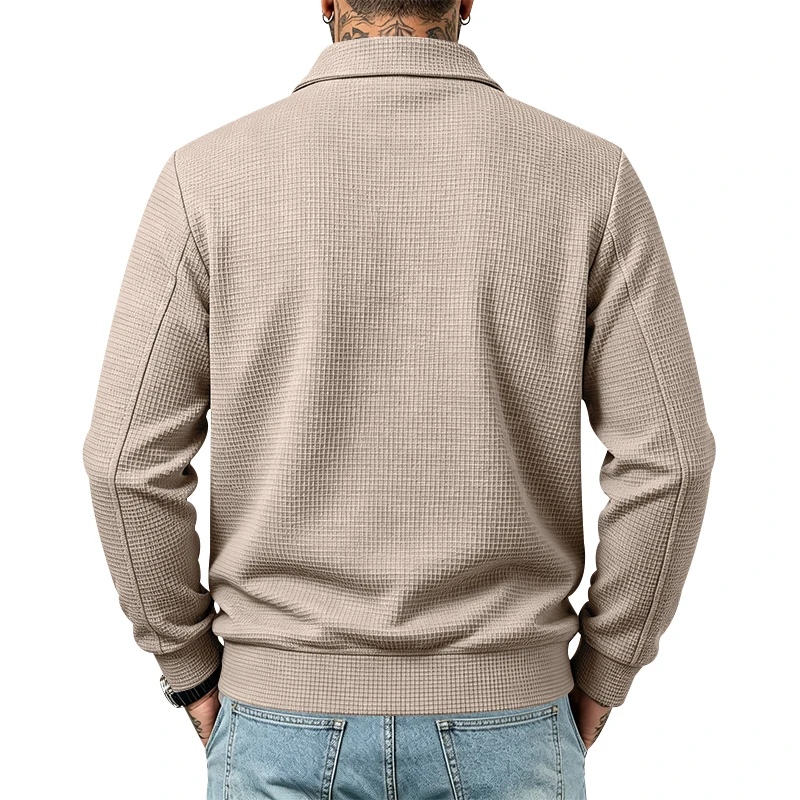 Herren Frühlings- und Herbstjacke aus Waffelstrick mit Reißverschluss, lässig, locker, leicht, mit Kragen, für den Alltag. – Detail 9