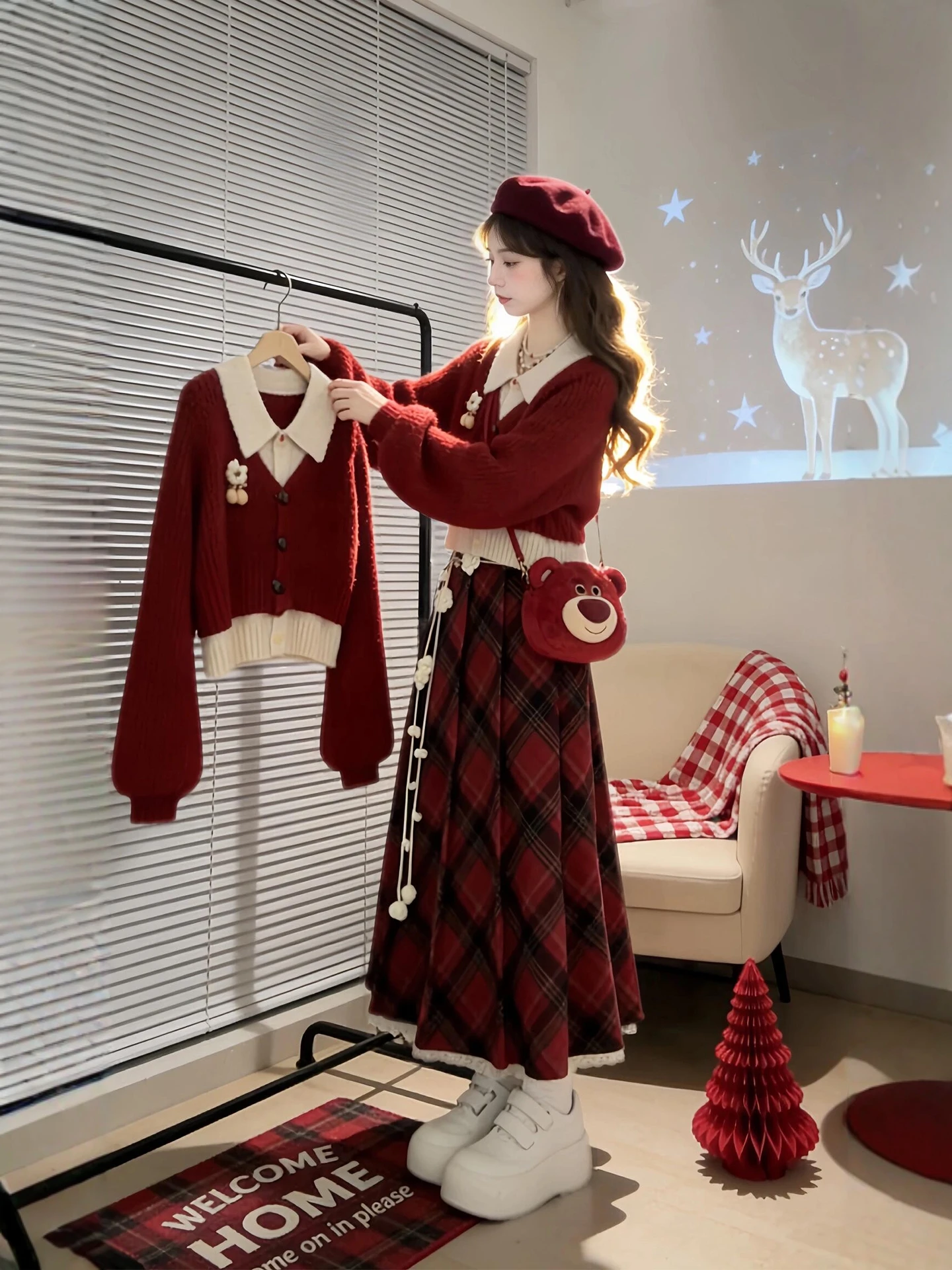 

Winter Knitted Sweater Cardigan And Plaid Skirt Women's Faion Set Korean Sle plus Size Warm Polyester Casual Wear