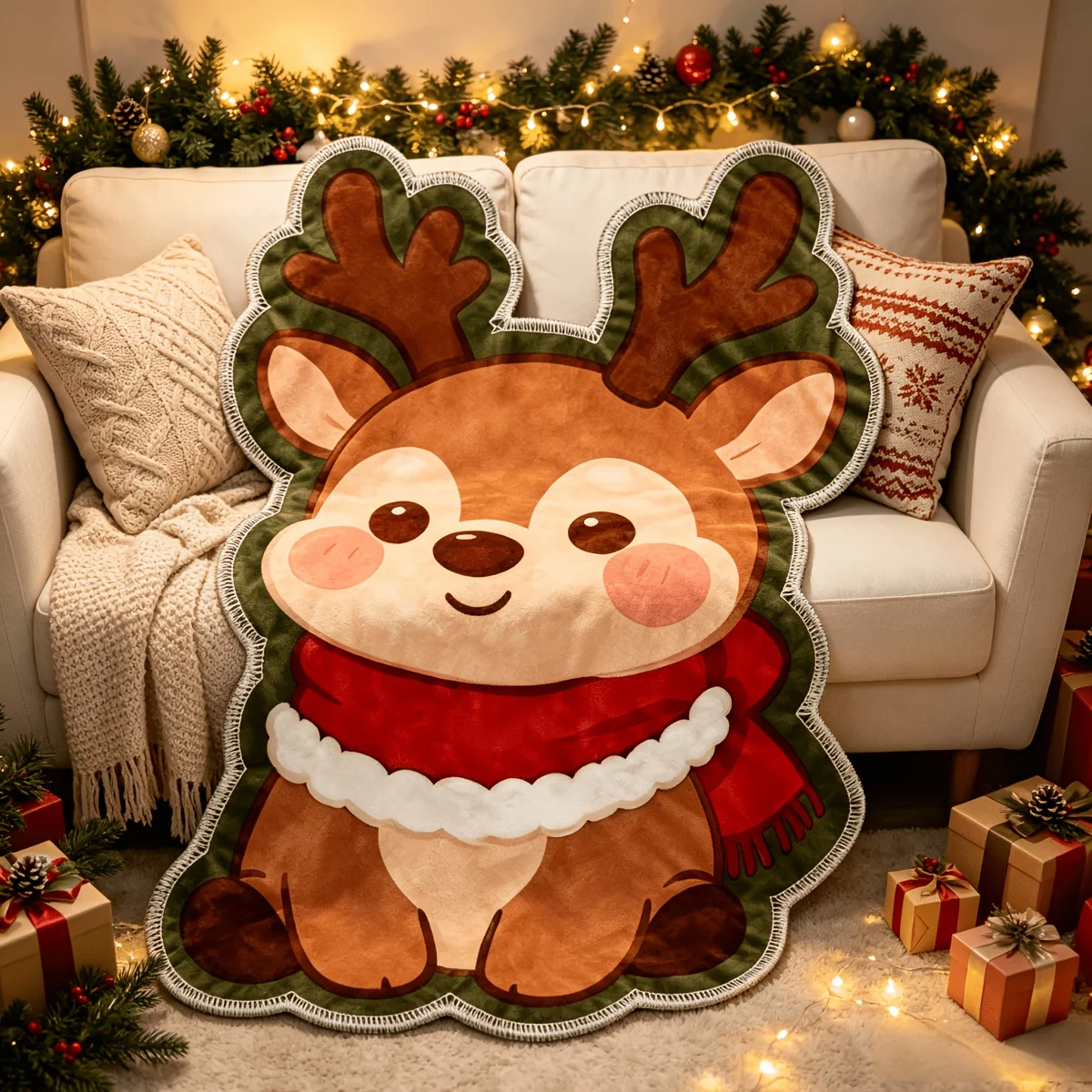 Cartoon Lovely Scarf Reindeer Shaped Soft Plush Blanket Christmas Theme Warm Flannel Bedspread Home Bedroom Decor Natal Gifts