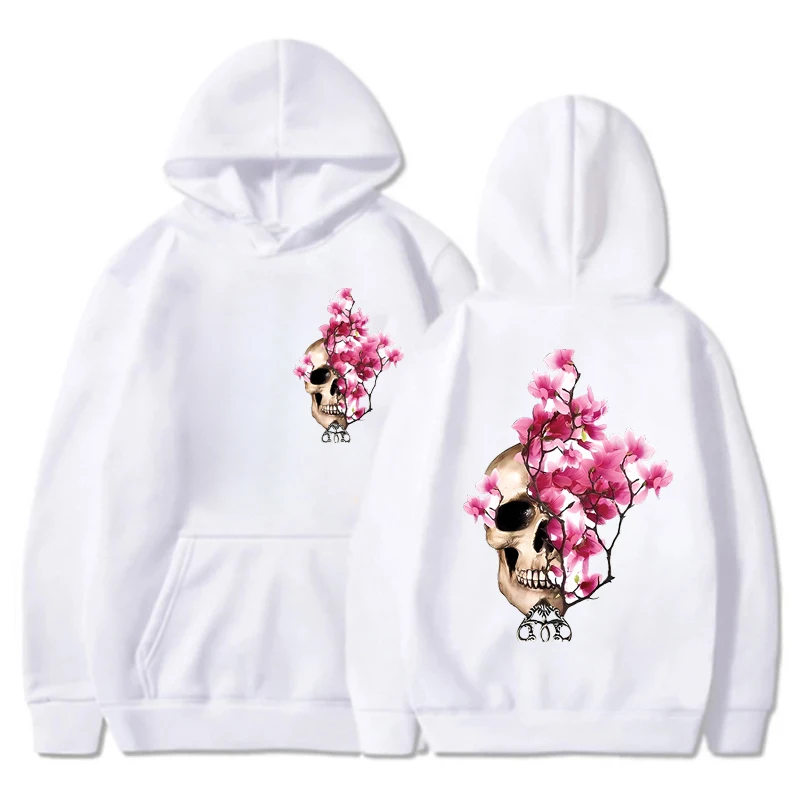 Casual Women\'s Hoodies Skull Floral Print Women Hoodie Stylish Hooded Sweatshirt Long Sleeve Top Autumn Winter Pink Hoodies Tops