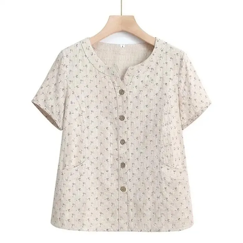 Elderly Women Summer Floral Print Short Sleeve Shirt V Neck Pocket Casual Blouse S-4XL