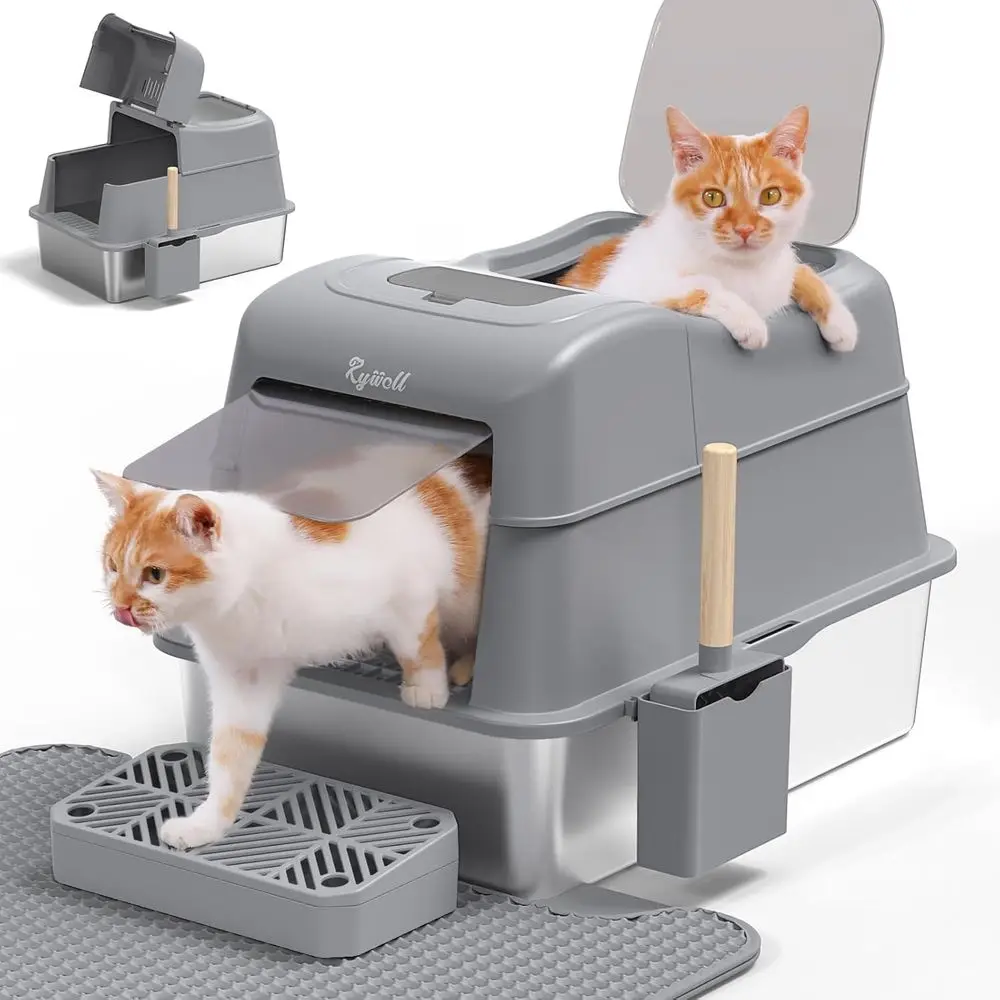 

Extra Large Stainless Steel Litter Box with Lid, 120° Lip, Scoop, Mat, Odor Control, Leak-Proof, Non-Stick, Easy Clean