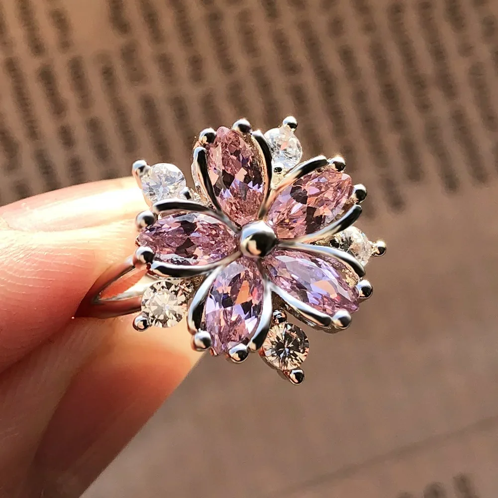 Cute Female Pink Crystal Stone Ring Charm upscale Thin Wedding Rings For Women Dainty Bride Flower Zircon Engagement Ring