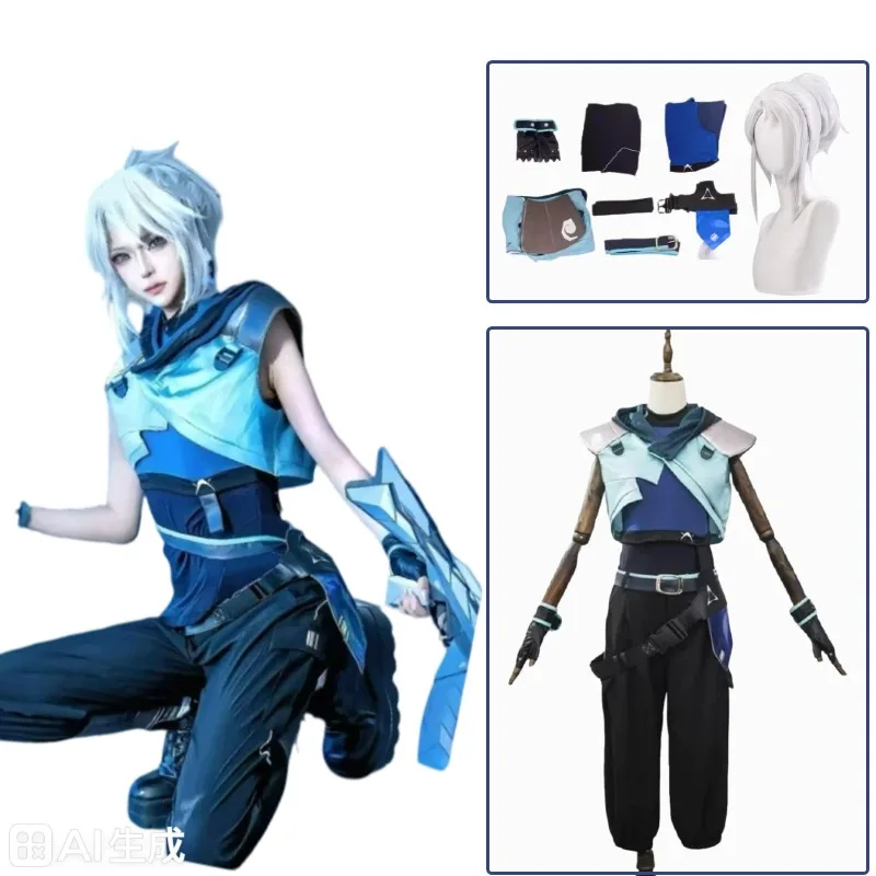

Jiefeng Outfit Game Cosplay Costume Jett Uniform Blue Hoodie Vest Pants Wig Suit for Party Role Play Halloween Carnival Party