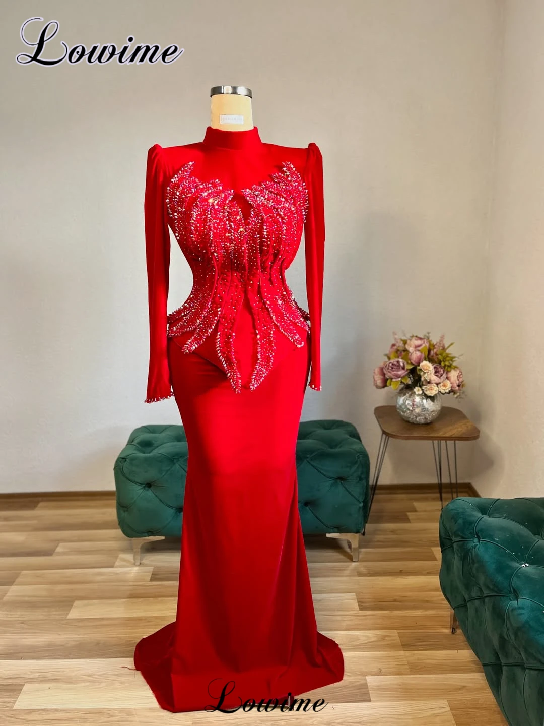 

Long Sleeves Red Prom Dresses Mermaid High Neck Crystals Cocktail Dresses Evening Party Gowns Vestidos De Cóctel customized