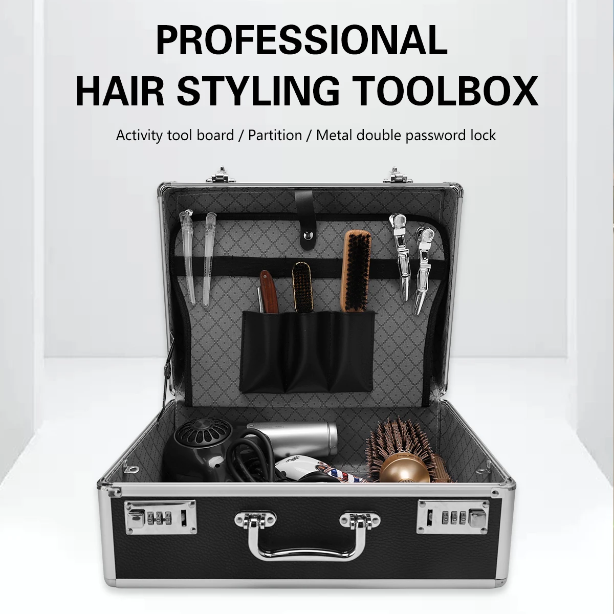 Black Barber Hairdressing Toolbox Makeup Storage Case Curling Salon Rod Scissors Comb Password Box Tool Suitcase