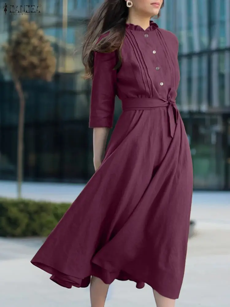 ZANZEA Stylish Women Dresses 2025 Autumn Solid Dress Casual 3/4 Sleeve Buttons Up Vestido Elegant Office Work Midi Sundress Robe