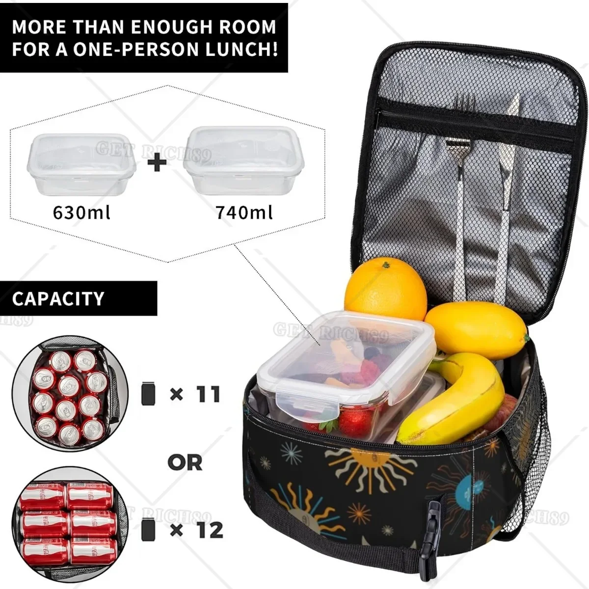 Bolsa de almuerzo artística con sol y luna para hombre y mujer, para trabajo, Picnic, barbacoa, contenedor de almuerzo impermeable, organización de aperitivos reutilizable portátil