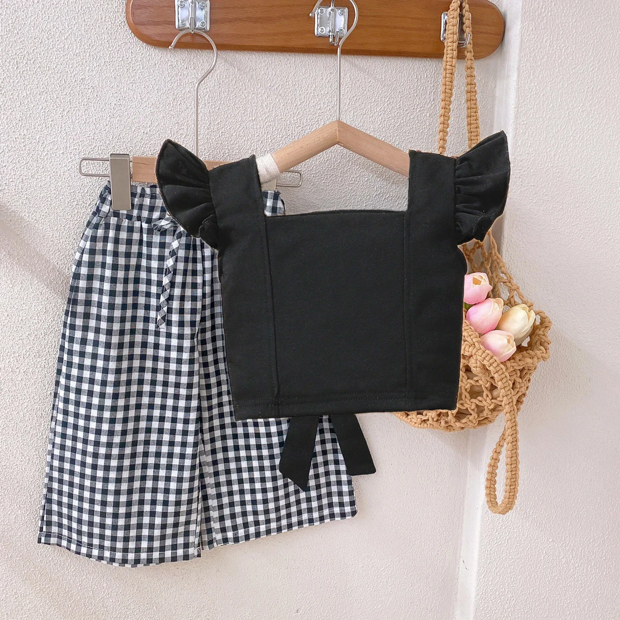 2-Piece Summer Baby Girl Fashionable Patchwork Belt Plain Lace Top + Plaid Nine-Point Pants Daily Set