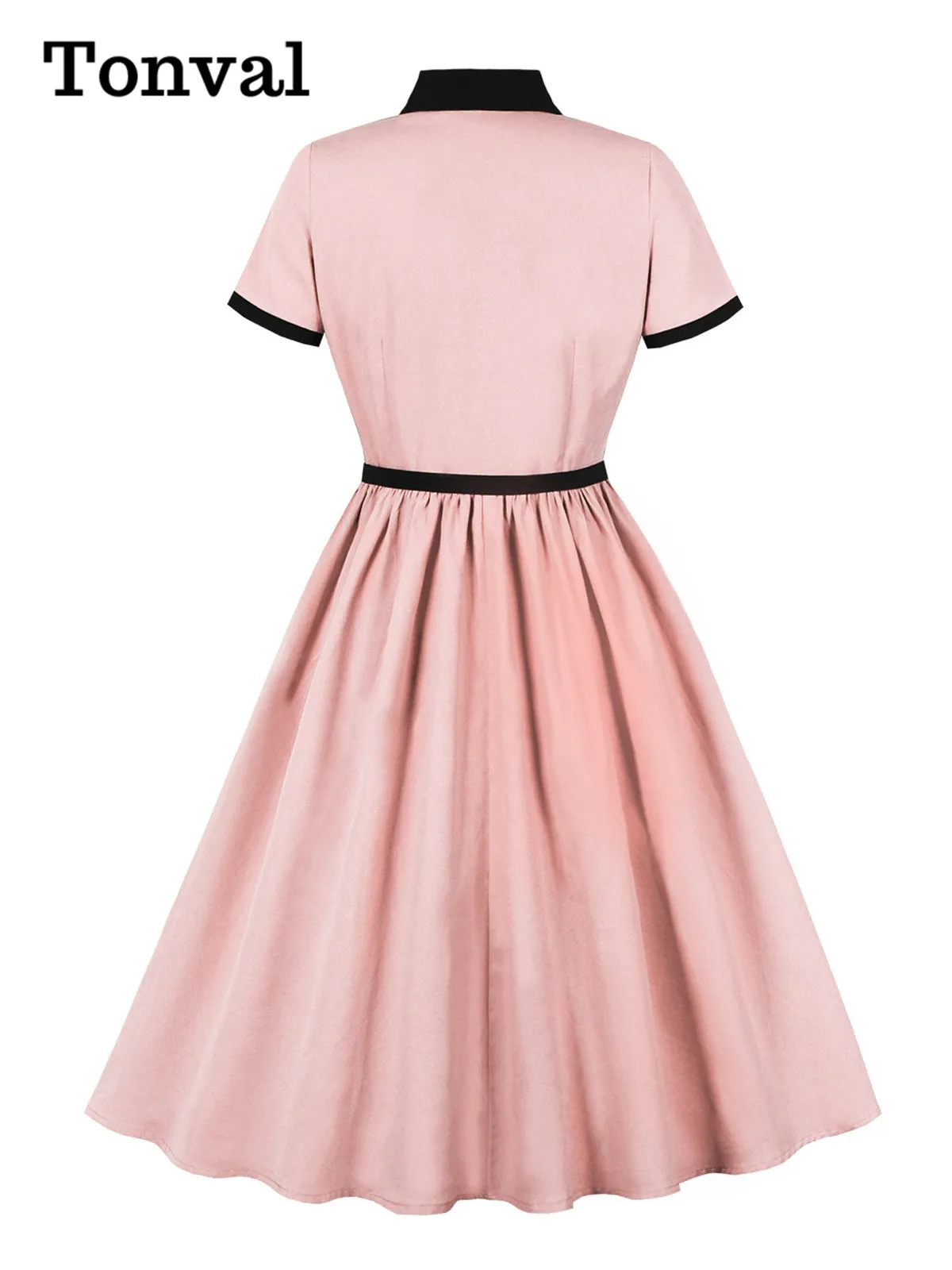 Tonval Turn-Down Collar Pink Vintage Bow Front Buttons Shirt Dress Summer Clothes for Women 2025 Belted Pleated Long Dresses