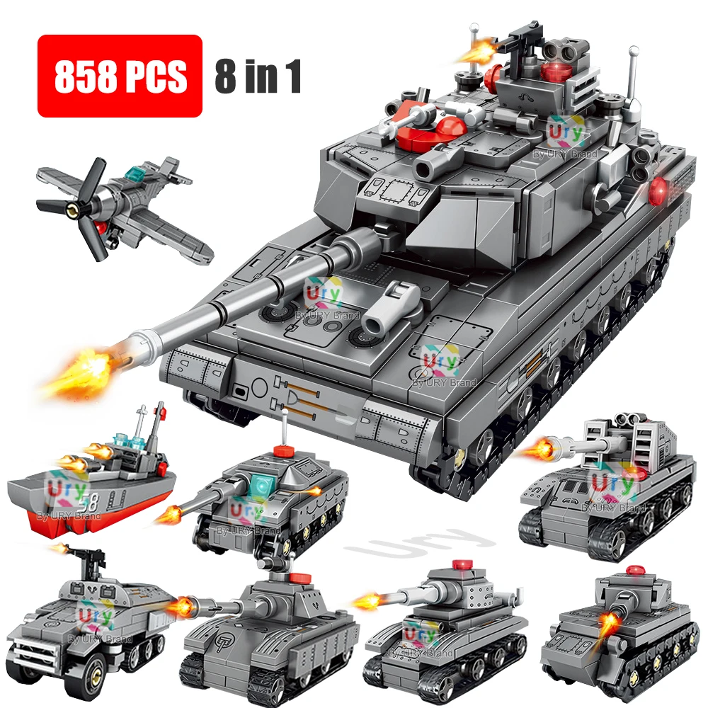 

8in1 WW2 Tanks Army Main Battle Tank Military Leopard 2A7 Armored Car with 8 Soldiers Building Blocks Bricks Children Toys Gifts