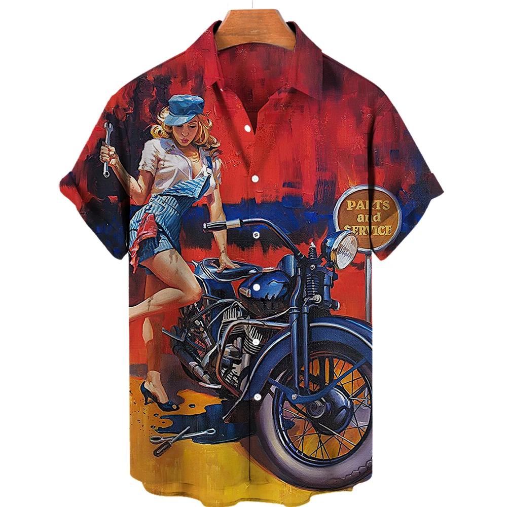 Chemises de moto vintage pour hommes, impression hawaïenne en 3D, chemisiers de plage pour hommes, vêtements respirants