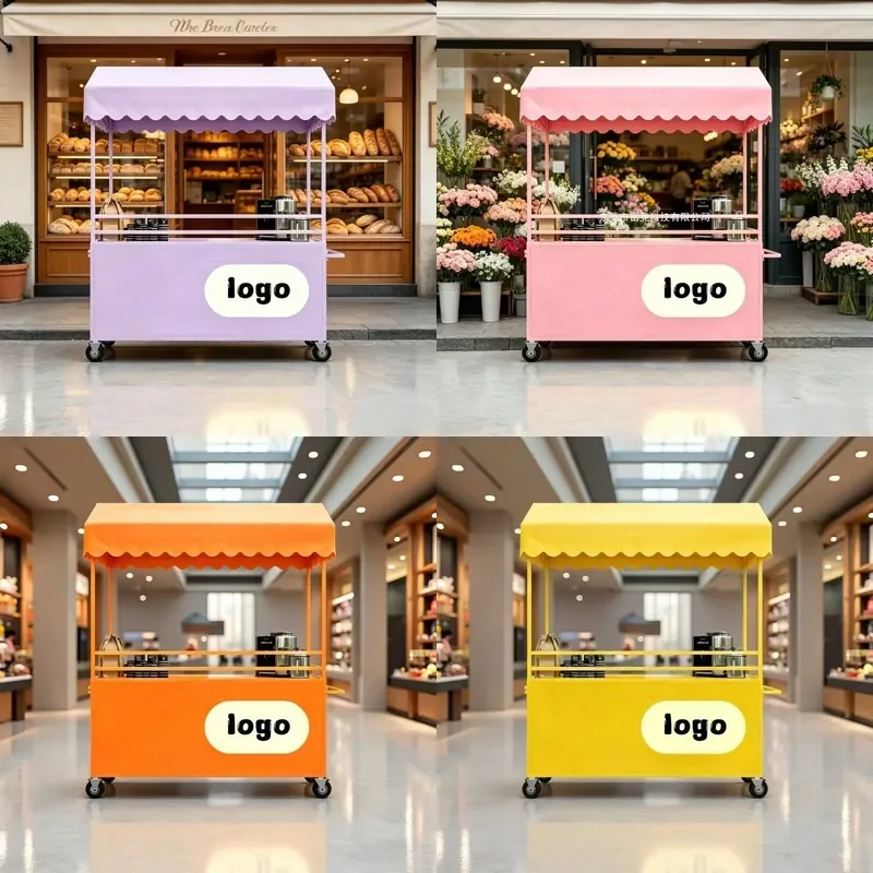 Pink Iron Mobile Food Cart Outdoor Dining Trolley Market Stall Snack Night Vendor Stand Portable Street Vending Wagon