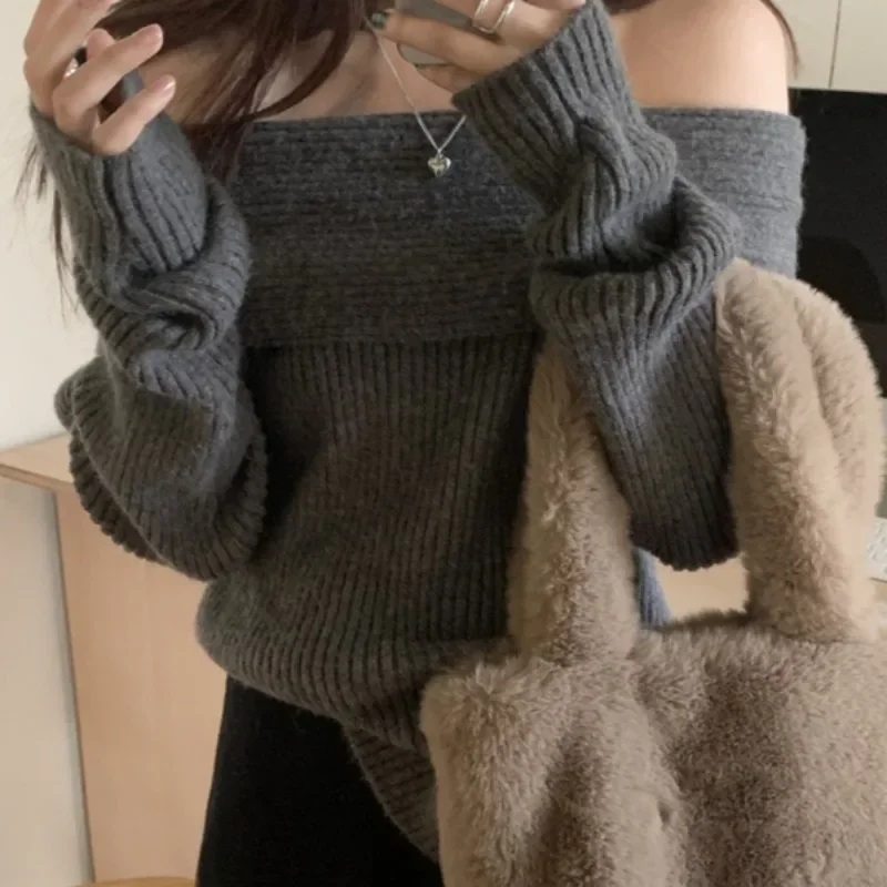 Slash Neck Sweaters Women Gray Solid All-match Off Shoulder Casual High Street Niche Warm Knitted Soft Spring Autumn Pullover