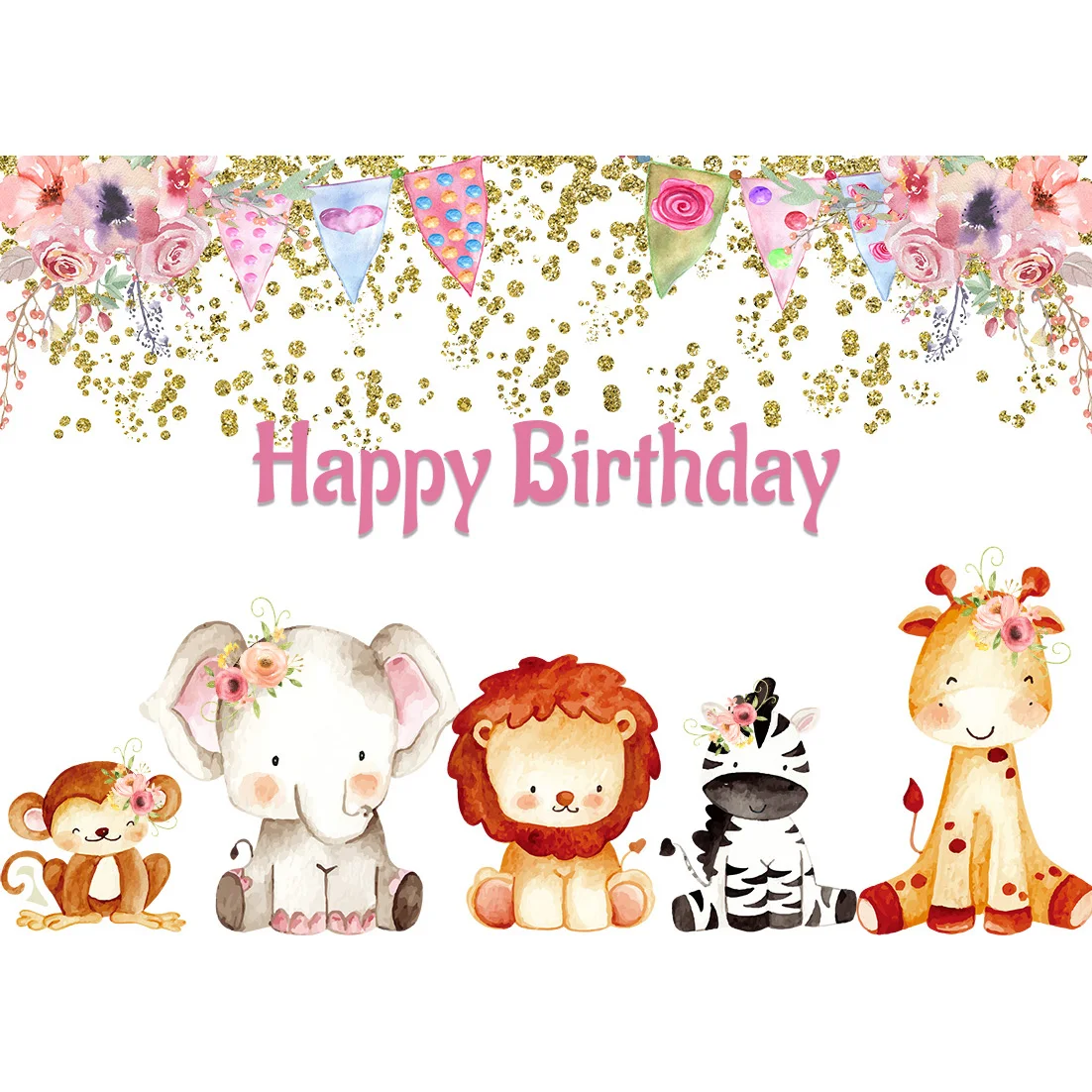 Fundo de festa de aniversário com flores e animais para meninas, safari com nome personalizado, faça você mesmo, products para fundo de fotografia