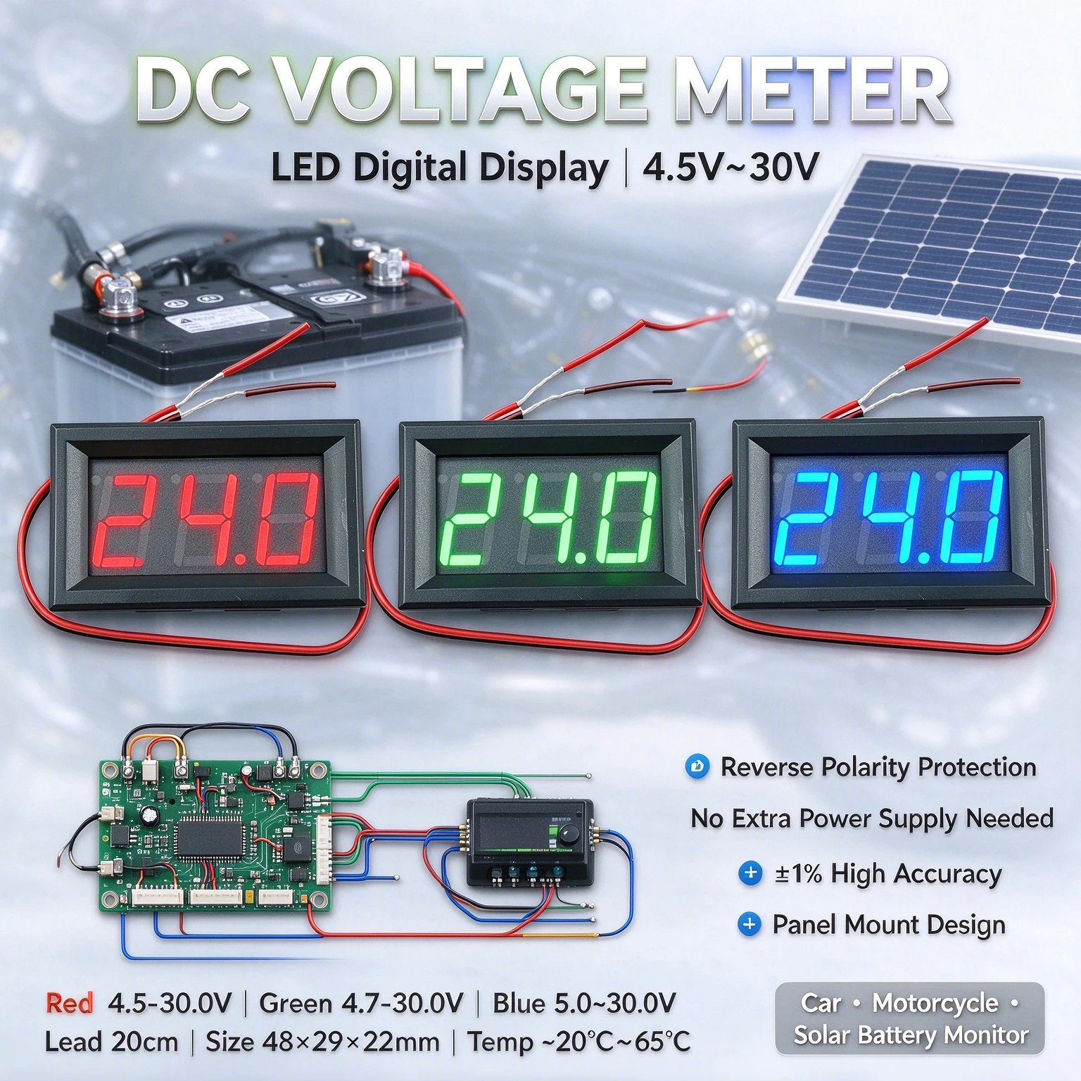 DC 4.5V-30V Digital Voltage Meter LED Display Mini Panel Voltmeter Reverse Protection 12V 24V Car Solar Battery Tester
