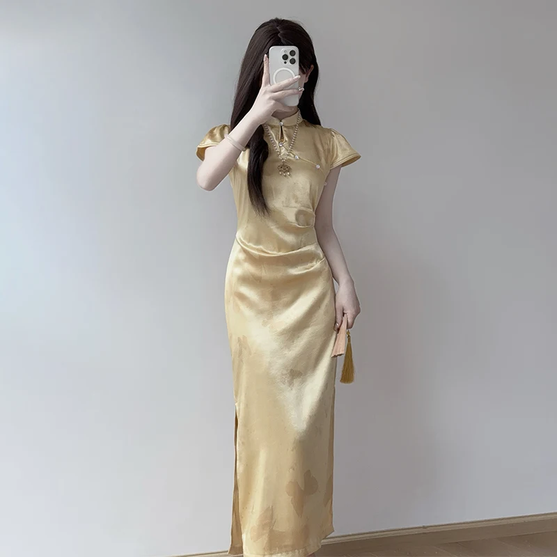 

Новое летнее женское повседневное платье-ципао с желтым цветочным принтом из полиэстера в китайском стиле